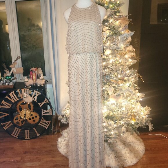 NWT Adrianna Papell Champagne Art Deco Beaded Gown, size 12 - Picture 7 of 10